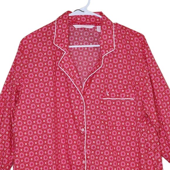 Victoria's Secret 2 Piece Pajama Set Women's Large Red Pink White Floral Cotton - Picture 2 of 13
